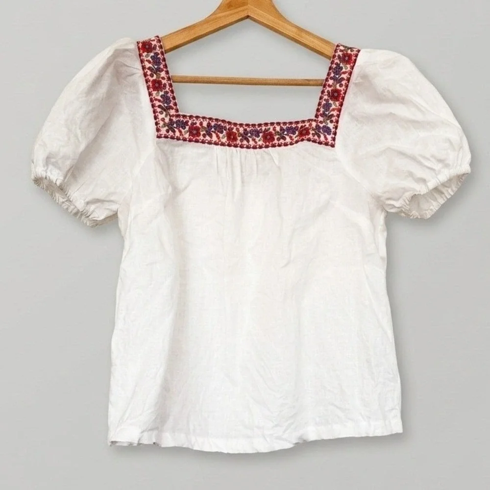 Boden White 100% Linen Embroidered Square Neck Puff Sleeve Blouse Top 6